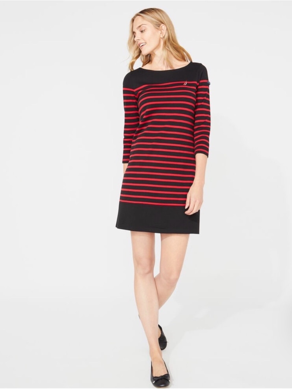 Nautica Black and Red Striped Long-Sleeve Shift Dress